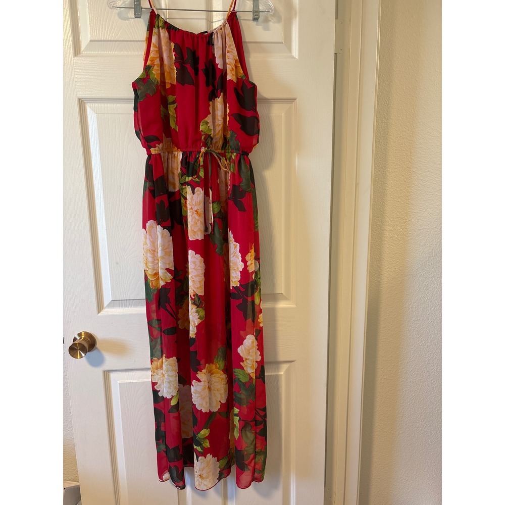 Floral Maxi Dress Womens Red White Yellow Excellent Halter Chiffon Summer